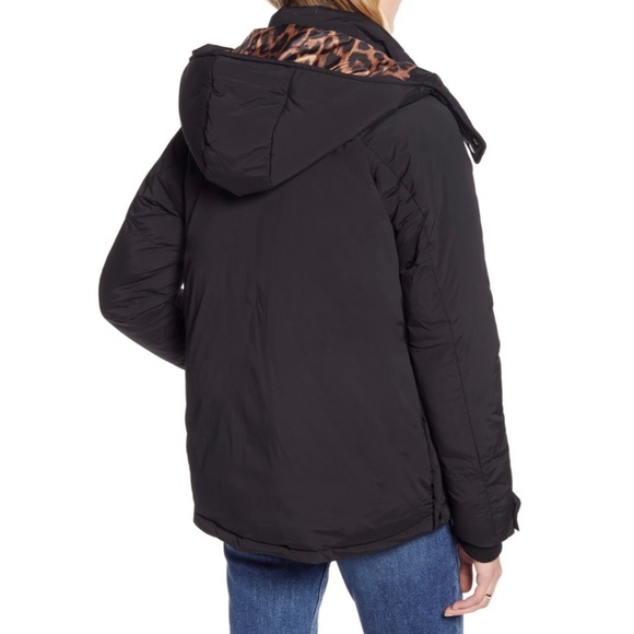 Halogen Black Leopard Contrast Puffer Winter Coat Mock Neck Removable Hood Small - Picture 10 of 10